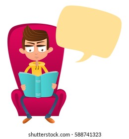 Smart boy sitting in a chair and reading a book