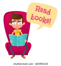 Smart boy sitting in a chair and reading a book. Read books.