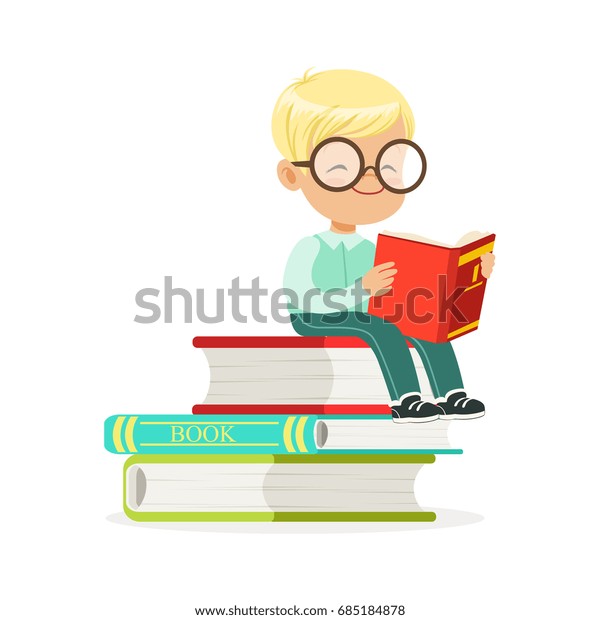 Smart Boy Sitting On Pile Books Stock Vector (Royalty Free) 685184878