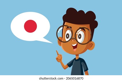 Smart Boy Speaking Japanese Vector Cartoon Illustration. Cute Little Child Learning To Speak Foreign Language By Taking A Course
