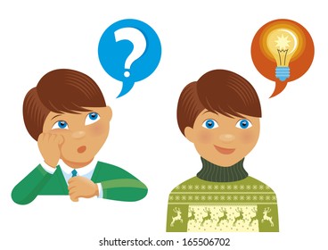 Smart boy trying to make a decision and finally getting an idea