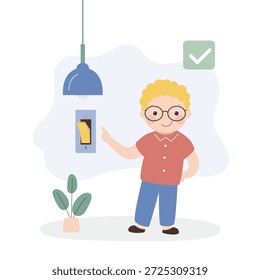 Chico inteligente apagando la luz en la habitación. Niño lindo apaga la electricidad después de usarla para ahorrar energía. Cuidado del medio ambiente, concepto de conservación de energía. Ilustración vectorial plana