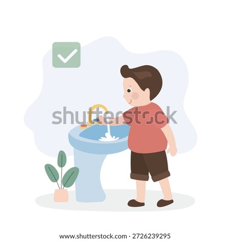 Smart boy turning off the tap in bathroom. Cute child turns off the tap after using it to conserve water. Caring for the environment, water Conservation concept. flat vector illustration