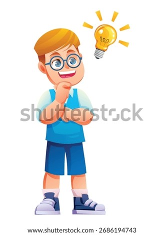 Smart boy wearing glasses gets a brilliant idea with a glowing lightbulb popping up above his head. He looks pleased and clever. Vector cartoon illustration