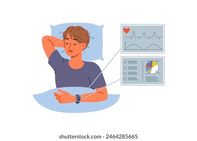 Smart bracelet on hand of sleeping man monitors heartbeat and sleep quality indicators. Sleep tracker on wrist of dozing guy lying in bed and taking care of own health with help of gadgets