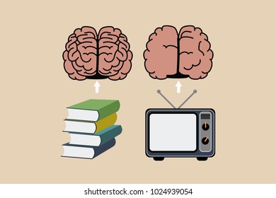 Smart brain with books and silly one with TV set. Books make you smarter and Tv make you stupid, degrades you. Books make a difference on your brain work concept. Eps vector illustration