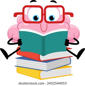 Smart Brain Cartoon Character Reading Book. Vector Illustration Flat Design Isolated On Transparent Background