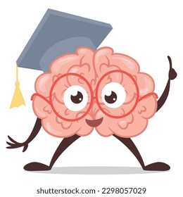 Smart brain character in academic hat innovation idea gesture genius intellect isometric vector illustration. Clever human anatomy organ imagination intelligence face success learn education degree