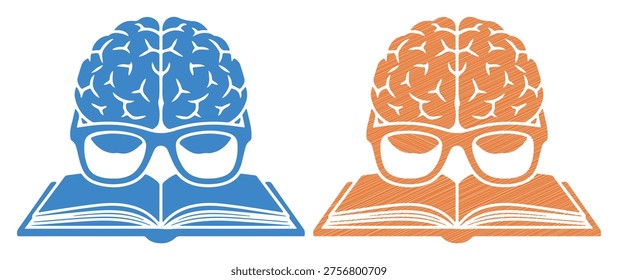 Smart brain character wearing spectacles studying book, education intelligence icon set