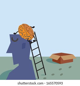 Smart brain climbing from box in silhouette head