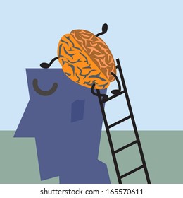 Smart brain climbing from box in silhouette head