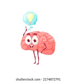 Smart brain with light bulb isolated funny cartoon character. Vector funny clever symbol of intelligence and brain power, thinking positive emoticon with lightbulb new idea sign. Genius thinker mascot