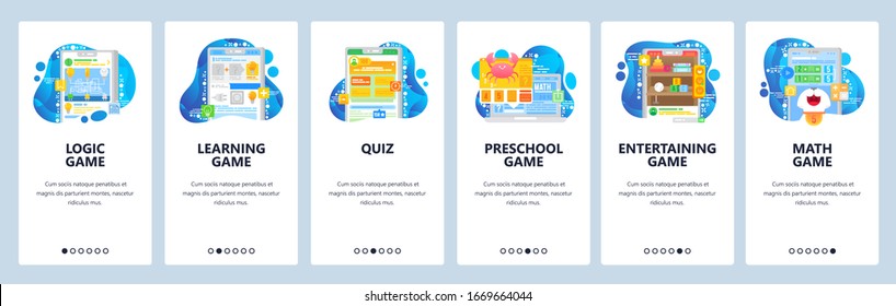 Smart brain mobile phone games. Logic game, quiz, learning, kids development, math. App onboarding screens. Menu vector banner template for website mobile development. Web site design illustration.