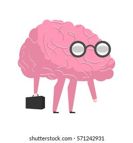 Smart brain wearing glasses and with suitcase. genius Researcher. businessman mega brains
