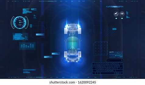 Smart braking car crash from car accident. An assistant in driving a car that scans all objects around the auto. Automatic braking system. Self driving vehicle. parking sensors 360 degrees HUD. Vector