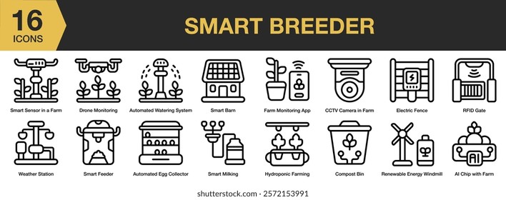 Smart Breeder icon set. Includes breeder, farm, agriculture, smart, animal, and More. Outline icons vector collection.