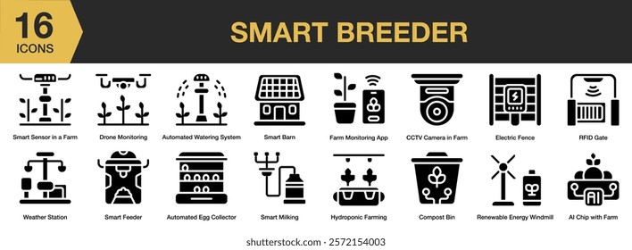 Smart Breeder solid icon set. Includes breeder, farm, agriculture, smart, animal, and More. Solid icons vector collection.