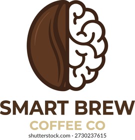 Design de logotipo Smart Brew Coffee Co. Ilustração vetorial criativa combinando um grão de café e um cérebro humano. Conceito de energia cafeína, foco mental e inteligência.