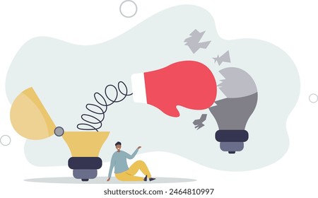 smart bright lightbulb idea open with boxing globe to punch competitor.flat vector illustration.