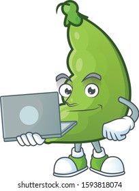 Smart broad beans cartoon character working with laptop