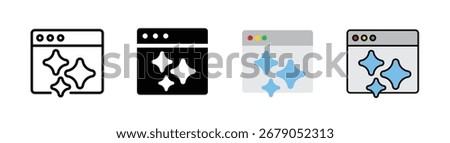 Smart browser AI integration icon set, outlined editable stroke, flat glyph, and colored. Icon design related to artificial intelligence, machine learning, and smart websites