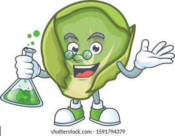 Smart brussels sprouts cartoon character holding glass tube