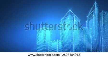 Smart Building background. Futuristic City, Architecture Technology, Blue Skyline, Connection concept, Urban Industry, Tech Construction, Information Data, Infrastructure and Building.