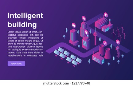 Smart building concept banner. Isometric illustration of smart building vector concept banner for web design