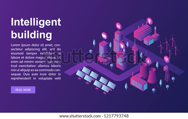 Smart building\
concept banner. Isometric illustration of smart building vector\
concept banner for web\
design