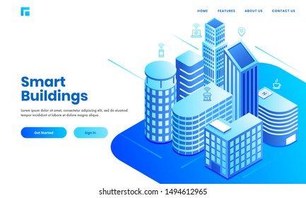 Smart Building Concept Based Landing Page Design With Isometric Real Estate Buildings Area Showing Residentials, Hospital And Commercial Space.