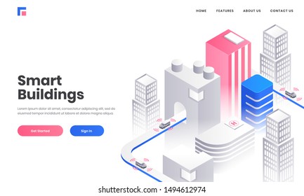 Smart Building Concept Based Landing Page Design With Isometric Illustration Of Skyscraper Buildings On White Background.