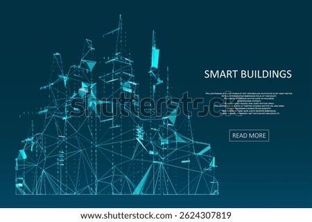 Smart building concept design for city illustration. Polygonal futuristic style. Intelligent building automation. Graphic concept for your design.