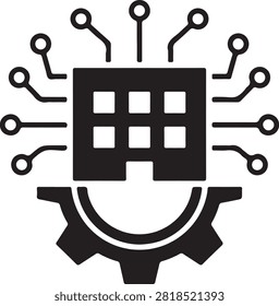 Smart building and industrial gear technology icon with building technology infrastructure