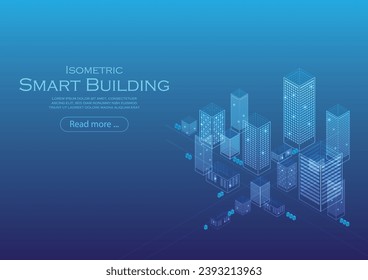 Smart building technology concept. Building isometric on dark blue background. Used for advertisements, posters, banners, web, online platforms. Vector illustration.