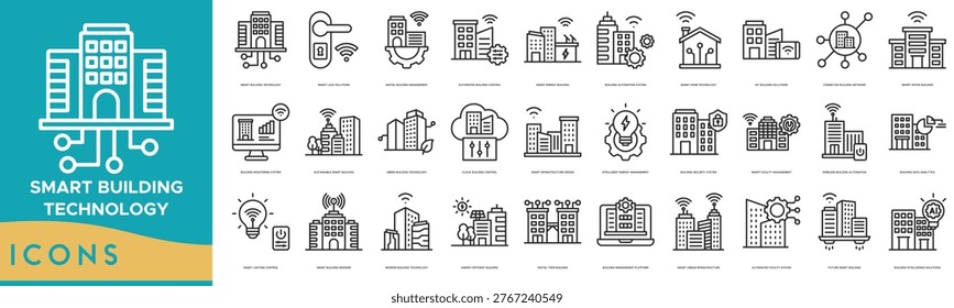 Smart Building Technology icon set. Smart Lock Solutions, Digital Building Management, Automated Building Control, Smart Energy, Automation System, Smart Home Technology and IoT Building Solutions