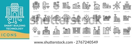 Smart Building Technology icon set. Smart Lock Solutions, Digital Building Management, Automated Building Control, Smart Energy, Automation System, Smart Home Technology and IoT Building Solutions