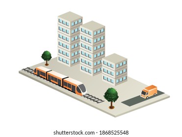 The smart building train tram subway architecture is an idea of technology business equipment flat style urban isometric illustration