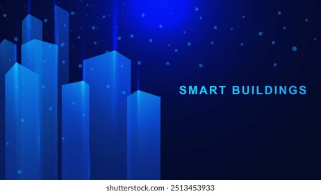 Concepto de edificios inteligentes con puntos y líneas de conexión. Ciudad inteligente, conexión empresarial y acceso a la comunicación utilizando tecnología moderna sobre fondo azul oscuro. Ilustración vectorial.