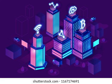 Smart buildings isometric architecture concept. Web banner with neon futuristic city. Intelligent buildings with signs. Smart city 3d infographics map. Internet of things. Isolated vector illustration