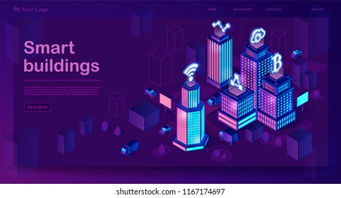 Smart buildings isometric architecture concept. Web banner with neon futuristic city. Intelligent buildings with signs. Smart city 3d infographics map. Internet of things. Isolated vector illustration
