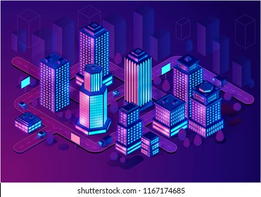 Smart buildings isometric illustration. Neon futuristic city architecture concept. Intelligent buildings. Smart city. Modern town map with 3d skyscrapers. Internet of things. Isolated vector