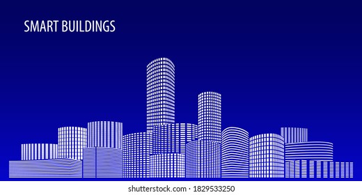 Smart Buildings - Skyscrapers and other buildings on night blue gradient background. Urban scene. Vector illustration. Concept Design element.