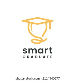 Smart bulb bachelor hat graduate education line outline icon logo design Premium