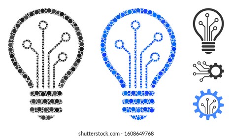Smart bulb composition of filled circles in variable sizes and color hues, based on smart bulb icon. Vector filled circles are organized into blue composition.