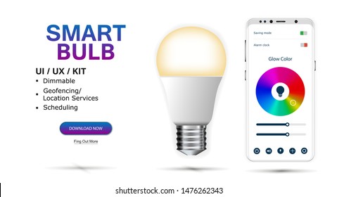 Smart Bulb controlled by smartphone. Hue app on phone used to control smart lamp in smart home system. Bulb and Smartphone with user interface via wi-fi. UI, UX, KIT app. Vector illustration 