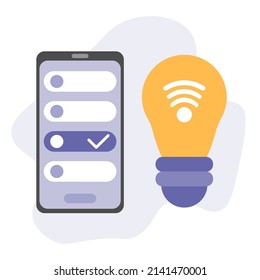 Smart Bulb controlled by smartphone. App on phone used to control smart lamp in smart home system. Bulb and Smartphone with user interface via wi-fi. UI, UX, KIT app. Vector illustration