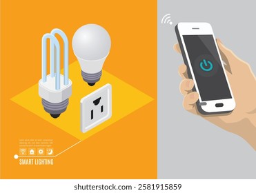 Smart Bulb controlled by smartphone. App on phone used to control smart Bulb in smart home system with yellow Background. 