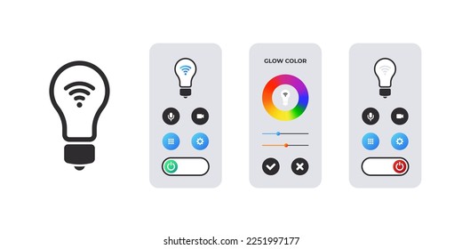 Interfaz de bombilla inteligente. Bombillas LED con mando a distancia inalámbrico. Hogar inteligente y manejo de la luz. Ilustración del vector