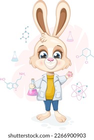 Smart bunny scientist with flasks and chemical formulas