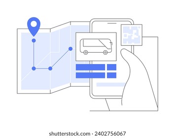 Smart bus app isolated cartoon vector illustrations. Tracking path with smart bus mobile app, IoT idea, Internet of Things, modern city technology, public transport program vector cartoon.